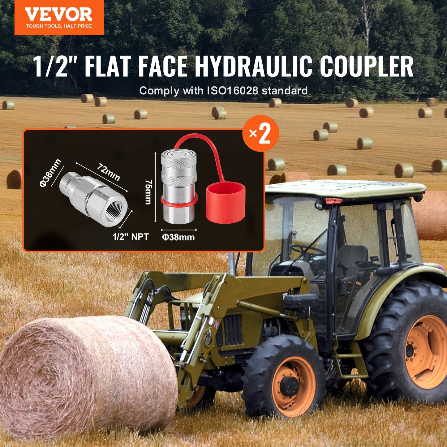 VEVOR 1/2" Flat Face Hydraulic Couplers 1/2" NPT Skid Steer Couplers 4 Dust Caps