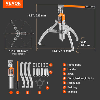 VEVOR Hydraulic Gear Puller 15 Ton Wheel Pulley Bearing 2 or 3-Jaw with Case