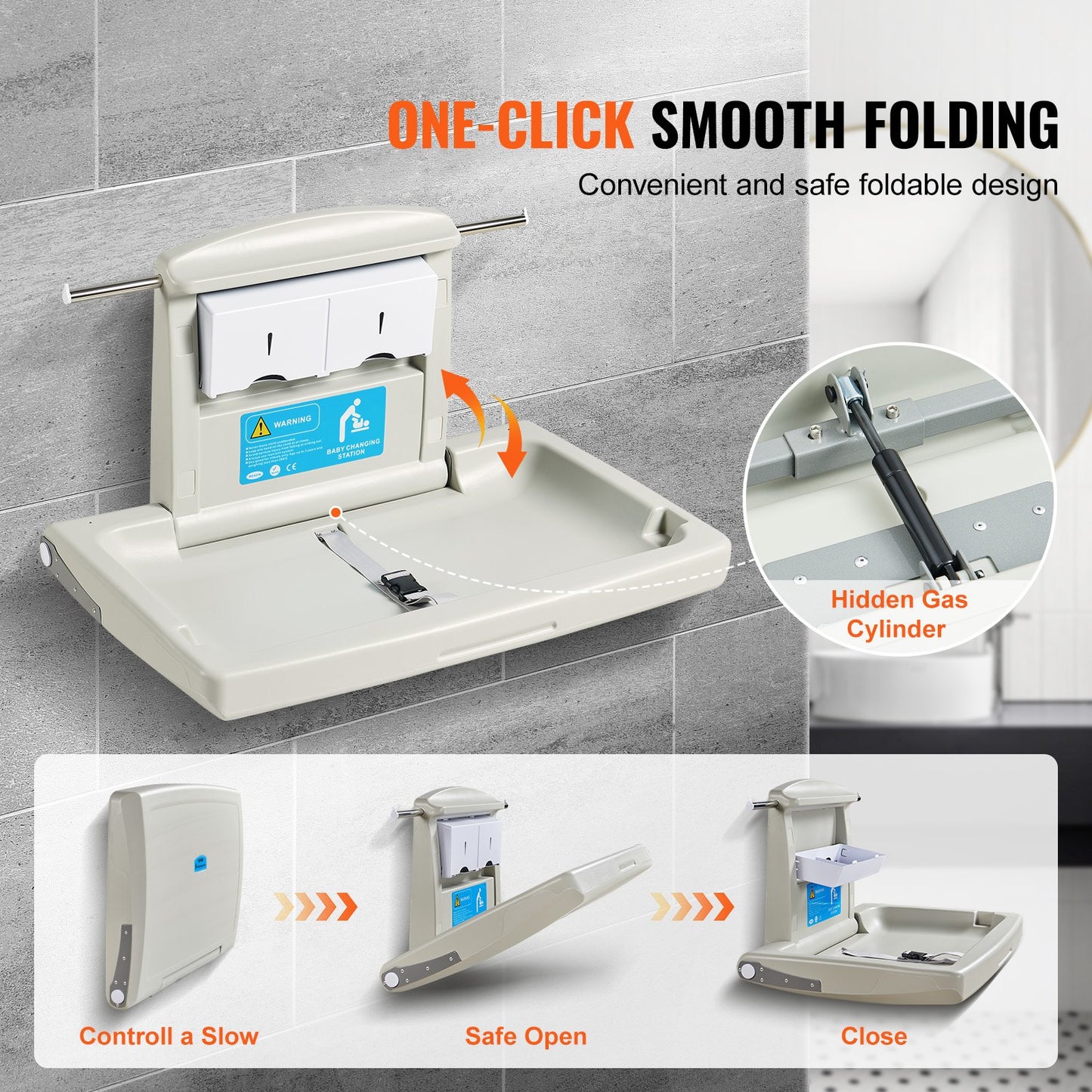 VEVOR Wall-Mounted Baby Changing Station, Horizontal Foldable Diaper Change Table with Safety Straps and Hanging Rods, Use in Commercial Bathrooms,  Daycare Centers for Newborns & Infant