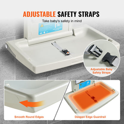 VEVOR Wall-Mounted Baby Changing Station, Horizontal Foldable Diaper Change Table with Safety Straps and Hanging Rods, Use in Commercial Bathrooms,  Daycare Centers for Newborns & Infant