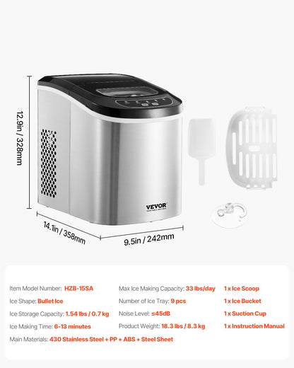 VEVOR Portable Countertop Ice Maker 33Lbs/24H Self-Cleaning with Scoop Basket