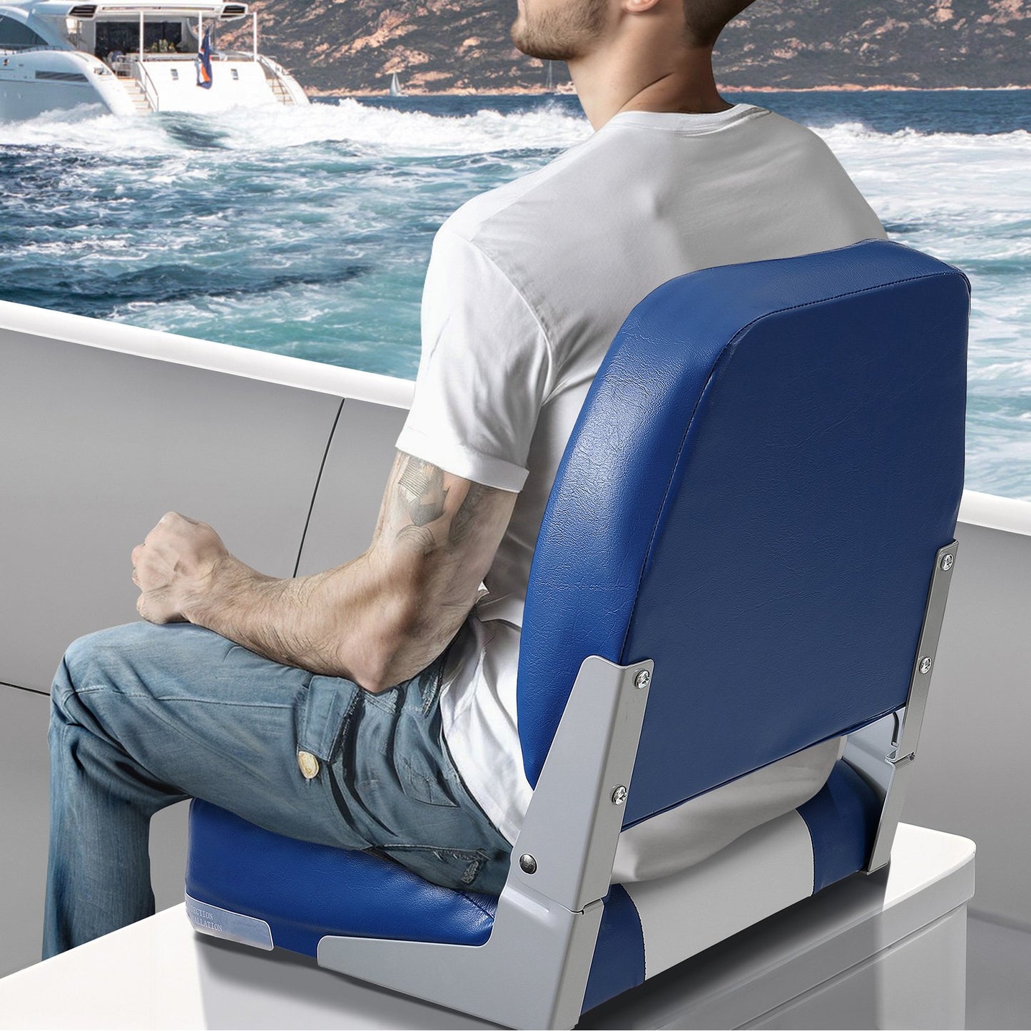 VEVOR Boat Seat, 480 mm Low Back Boat Seat, Folding Boat Chair with Thickened Sponge Padding and Hinge, Fold-Down Boat Captain Chair for Fishing Boat, Sightseeing Boat, Speedboat, Canoe, 1-Piece