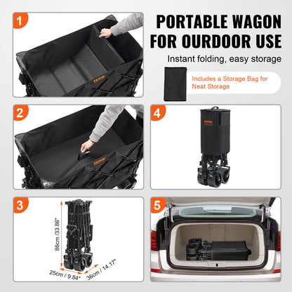 VEVOR Foldable Double Decker Wagon, 400L Collapsible Wagon Cart with All-Terrain Wheels, Heavy Duty Folding Wagon Cart 350-450 lb Weight Capacity for Camping, Shopping, Garden, 52" Extra Long Extender