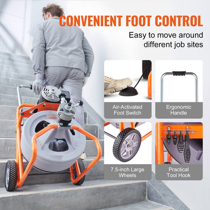 VEVOR Drain Cleaner Machine 100FT x 1/2 Inch, Auto Feed Sewer Snake Drain Auger on Wheels, Portable Drain Cleaning Machine with 8 Cutters & Air-activated Foot Switch for 2" to 4" Pipes
