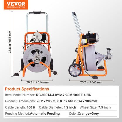 VEVOR Drain Cleaner Machine 100FT x 1/2 Inch, Auto Feed Sewer Snake Drain Auger on Wheels, Portable Drain Cleaning Machine with 8 Cutters & Air-activated Foot Switch for 2" to 4" Pipes