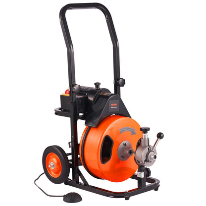 VEVOR Drain Cleaning Machine 50 FT x 1/2 Inch, Sewer Snake Machine Auto Feed, Drain Auger Cleaner with 4 Cutter & Air-Activated Foot Switch for 1" to 4" Pipes