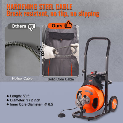 VEVOR Drain Cleaning Machine 50 FT x 1/2 Inch, Sewer Snake Machine Auto Feed, Drain Auger Cleaner with 4 Cutter & Air-Activated Foot Switch for 1" to 4" Pipes