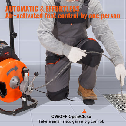 VEVOR Drain Cleaning Machine 50 FT x 1/2 Inch, Sewer Snake Machine Auto Feed, Drain Auger Cleaner with 4 Cutter & Air-Activated Foot Switch for 1" to 4" Pipes