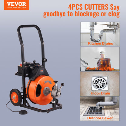 VEVOR Drain Cleaner Machine 75FT x 3/8Inch, Auto Feed Sewer Snake Auger with 4 Cutter & Air-activated Foot Switch for 2" to 4" Pipes