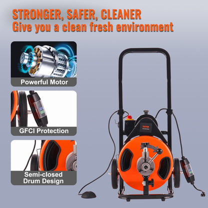 VEVOR Drain Cleaner Machine 75FT x 3/8Inch, Auto Feed Sewer Snake Auger with 4 Cutter & Air-activated Foot Switch for 2" to 4" Pipes
