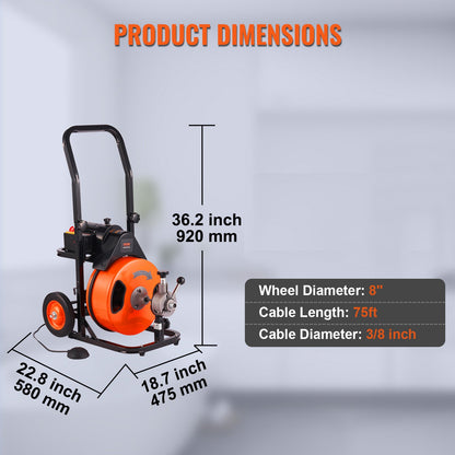 VEVOR Drain Cleaner Machine 75FT x 3/8Inch, Auto Feed Sewer Snake Auger with 4 Cutter & Air-activated Foot Switch for 2" to 4" Pipes