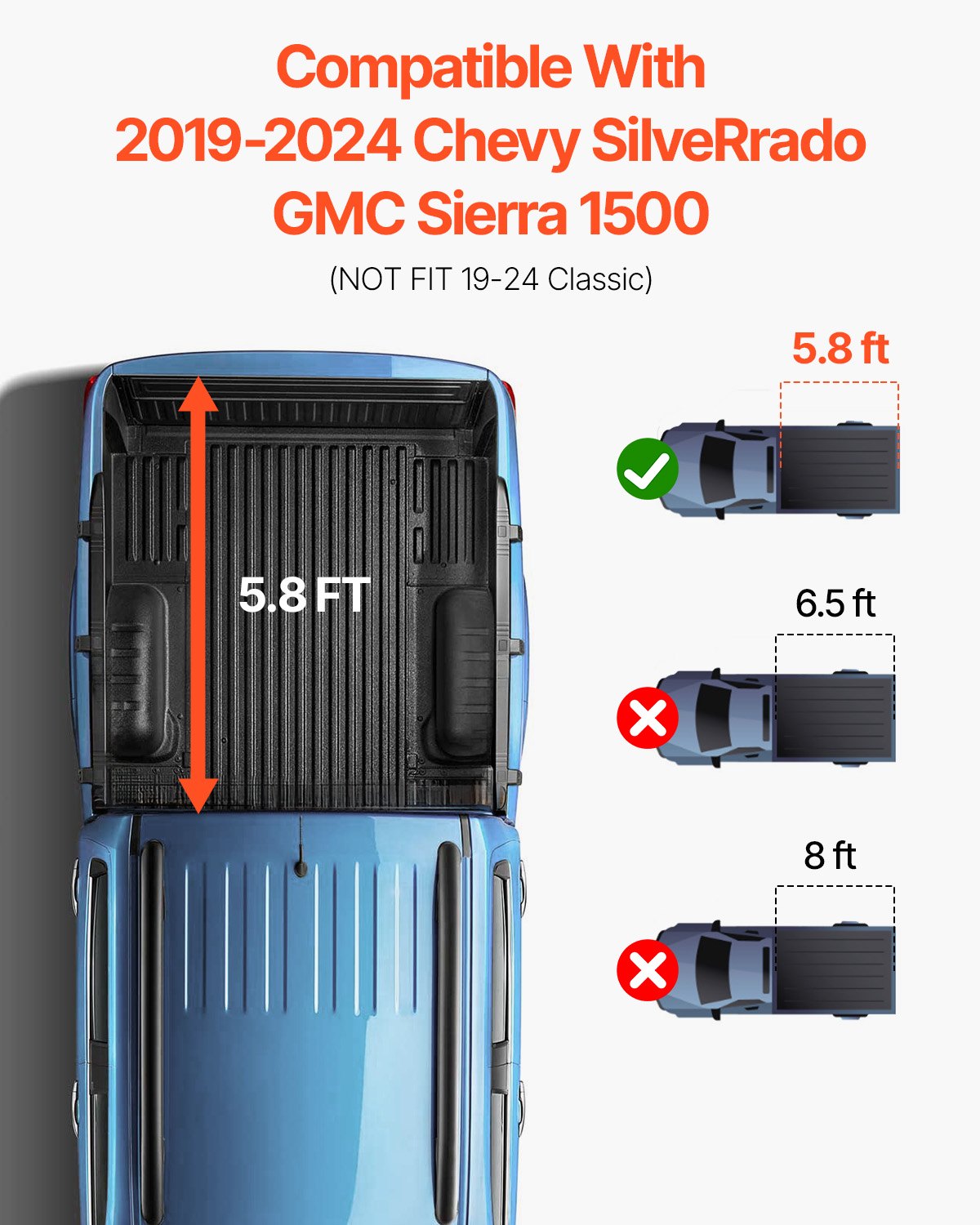 VEVOR Tri-Fold Truck Bed Tonneau Cover, Compatible with 2019-2024 Chevy Silverado GMC Sierra 1500 (NOT FIT 19-24 Classic) 1775 mm Bed, Fit 1775 x 1608 mm Inside Bed, 181.4 kg Load Capacity, Black