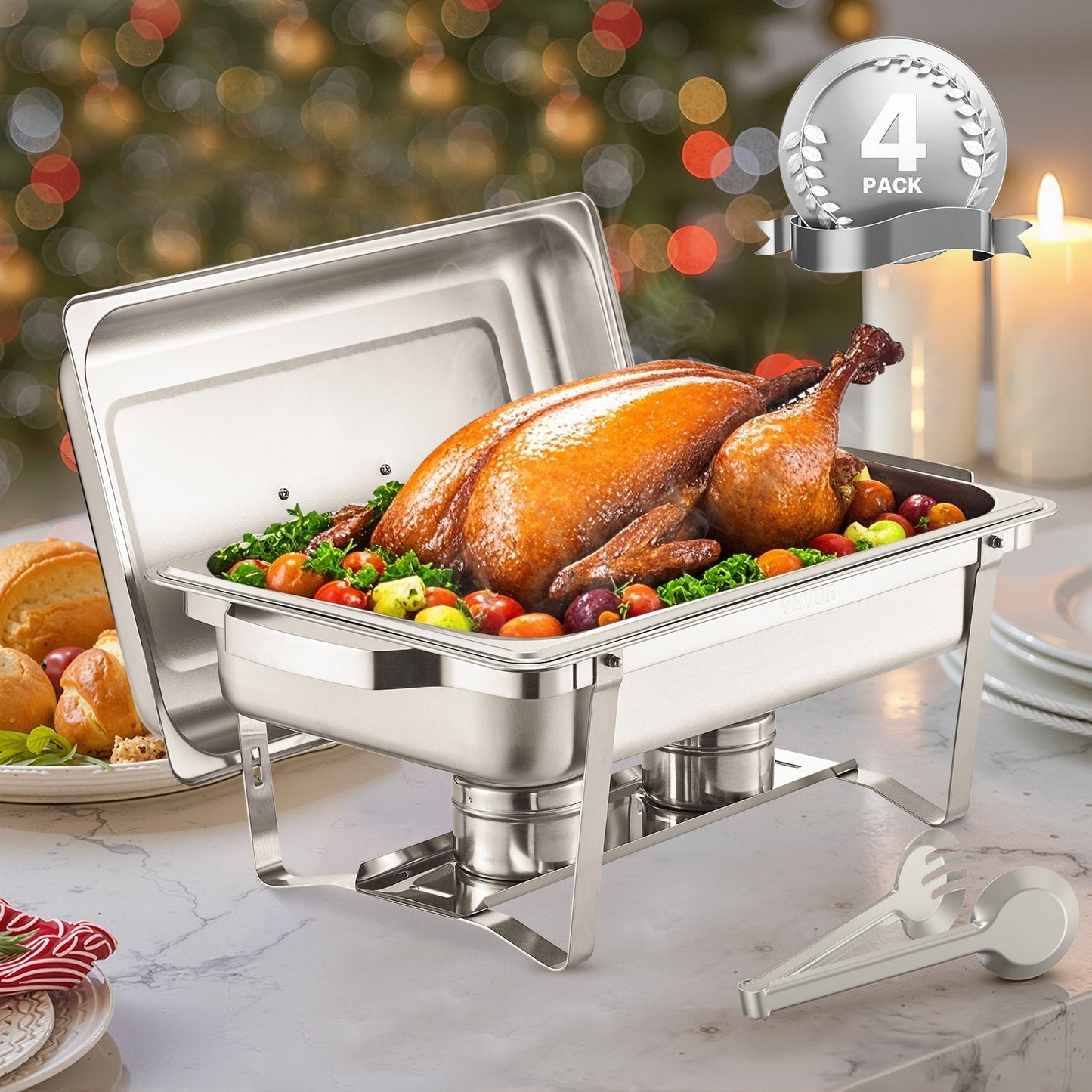 VEVOR 8 Qt 4 Pack Rectangle Chafing Dish Buffet Set Fullsize Pan Stainless Steel