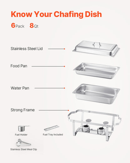 VEVOR 8 Qt 6 Pack Rectangle Chafing Dish Buffet Set Fullsize Pan Stainless Steel