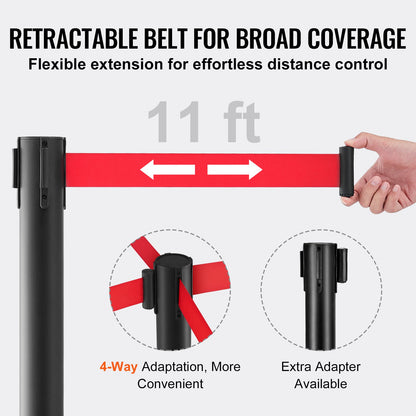 VEVOR Crowd Control Stanchions, 2-Pack Crowd Control Barriers, Carbon Steel Baking Painted Stanchion Queue Post with 11FT Red Retractable Belt, Belt Barriers Line Divider for Exhibition, Airport