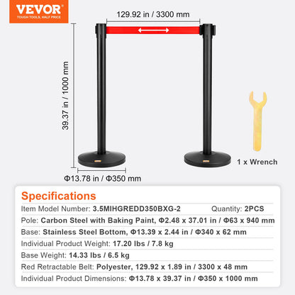 VEVOR Crowd Control Stanchions, 2-Pack Crowd Control Barriers, Carbon Steel Baking Painted Stanchion Queue Post with 11FT Red Retractable Belt, Belt Barriers Line Divider for Exhibition, Airport