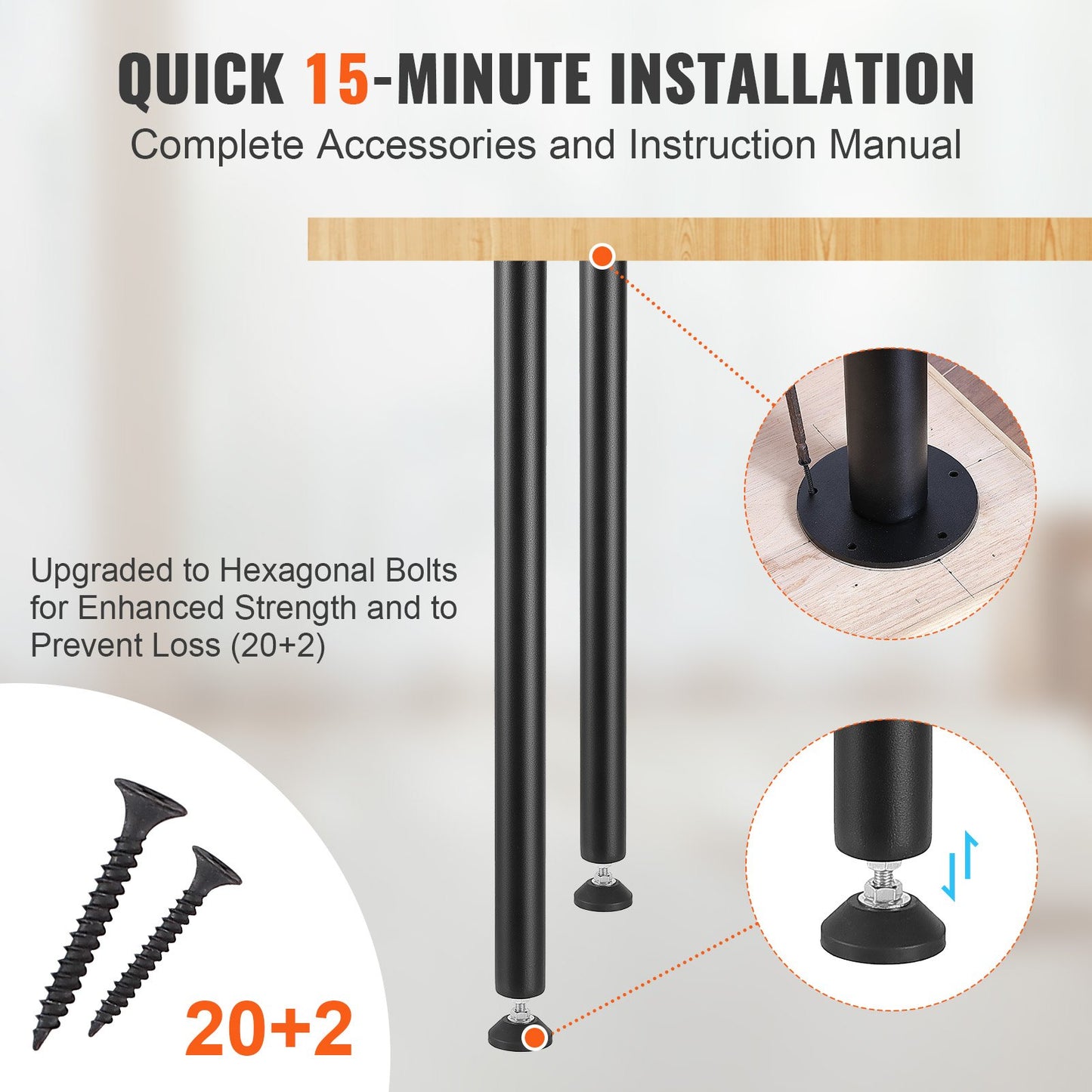 VEVOR 711.2MM Adjustable Desk Legs, Reinforced Steel Office Table Furniture legs Set of 4 for DIY, 544.3KG Load Capacity Heavy Duty Desk Legs, Quick Instalation Legs with Adjustable Foot Cup Black
