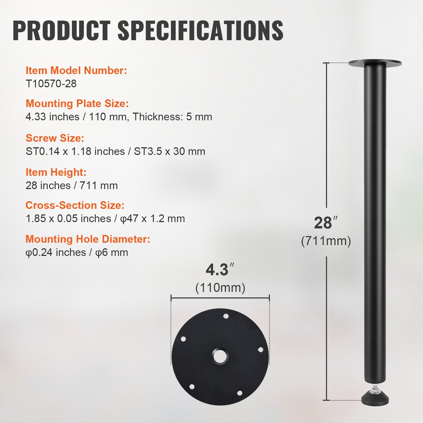 VEVOR 711.2MM Adjustable Desk Legs, Reinforced Steel Office Table Furniture legs Set of 4 for DIY, 544.3KG Load Capacity Heavy Duty Desk Legs, Quick Instalation Legs with Adjustable Foot Cup Black