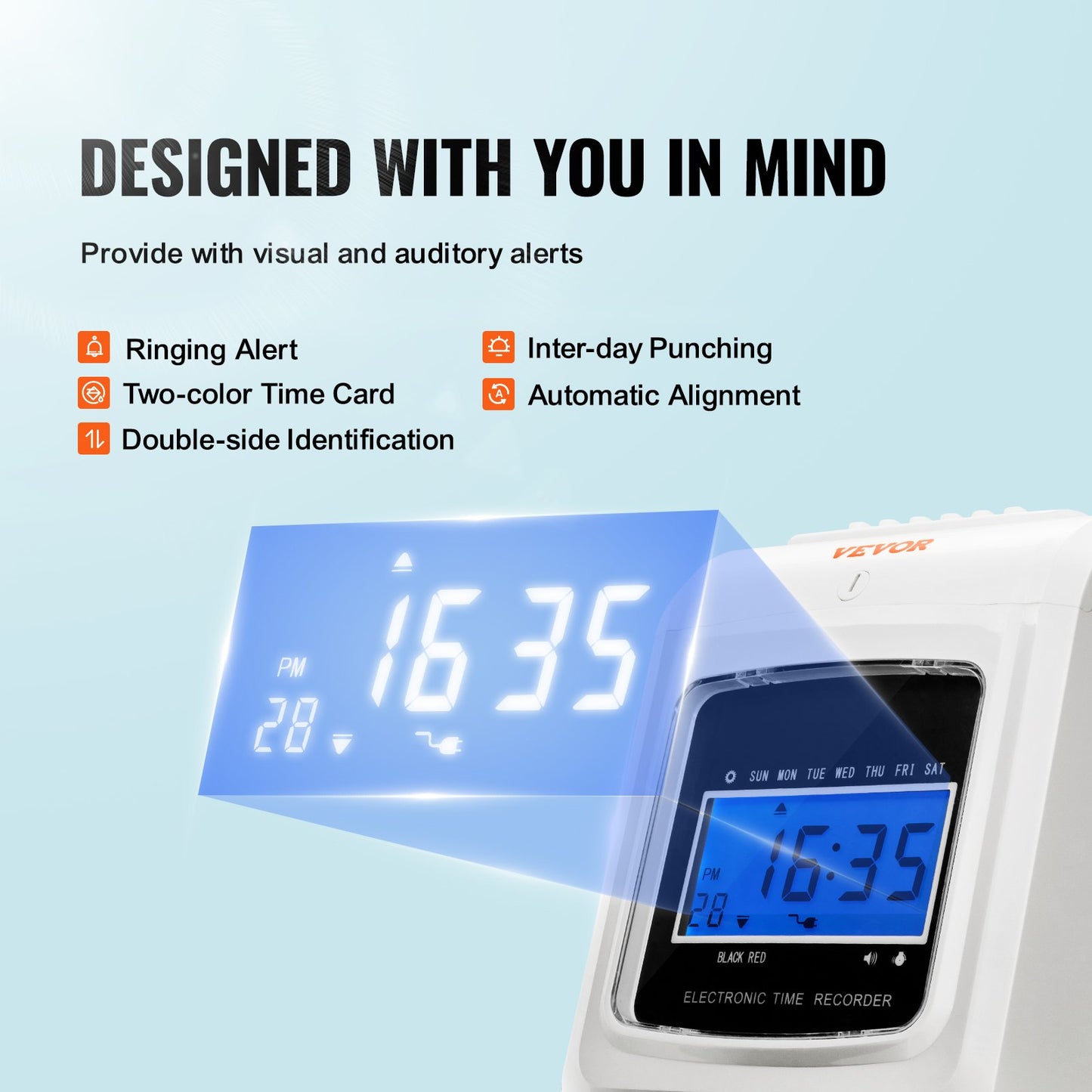 VEVOR Punch Time Clock, Time Tracker Machine for Employees of Small Business, 6 Punches per Day, Time Clock Punch Machine Includes 102 Time Cards, 1 Ink Ribbon and 2 Security Keys