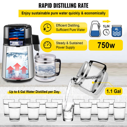 VEVOR 1.1 Gal Water Distiller, 0.3 Gal/H, 750W Distilled Water Maker Machine 0-99H Timing Set Temp Display, 304 Stainless Steel Countertop Distiller Glass Carafe Cleaning Powder 3 Carbon Packs, Silver