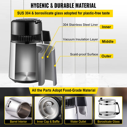 VEVOR 1.1 Gal Water Distiller, 0.3 Gal/H, 750W Distilled Water Maker Machine 0-99H Timing Set Temp Display, 304 Stainless Steel Countertop Distiller Glass Carafe Cleaning Powder 3 Carbon Packs, Silver