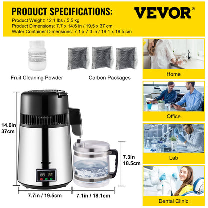 VEVOR 1.1 Gal Water Distiller, 0.3 Gal/H, 750W Distilled Water Maker Machine 0-99H Timing Set Temp Display, 304 Stainless Steel Countertop Distiller Glass Carafe Cleaning Powder 3 Carbon Packs, Silver