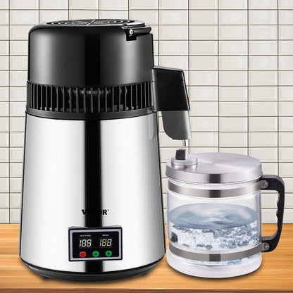 VEVOR 1.1 Gal Water Distiller, 0.3 Gal/H, 750W Distilled Water Maker Machine 0-99H Timing Set Temp Display, 304 Stainless Steel Countertop Distiller Glass Carafe Cleaning Powder 3 Carbon Packs, Silver