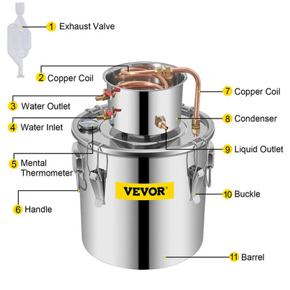 VEVOR Moonshine Still 9.6Gal 38L Stainless Steel Water Alcohol Distiller Copper Tube Home Brewing Kit Build-in Thermometer for DIY Whisky Wine Brandy, Sliver
