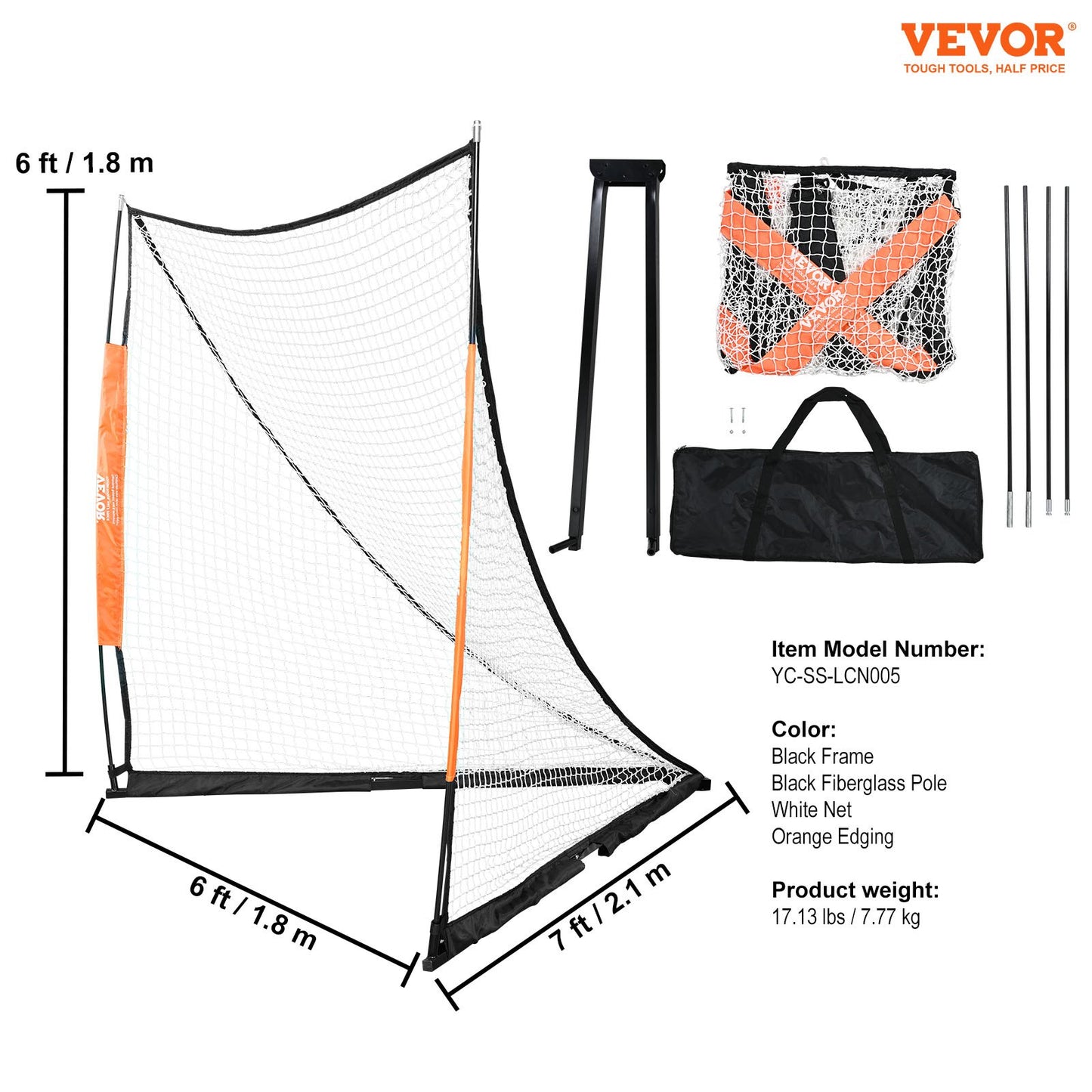 VEVOR Lacrosse Goal, 1.8mx1.8m Lacrosse Net, Portable Lacrosse Goal with Carry Bag, Fiberglass Rod Backyard Lacrosse Training Equipment, Easy Setup Collegiate Goal, Perfect for Youth Adult Training