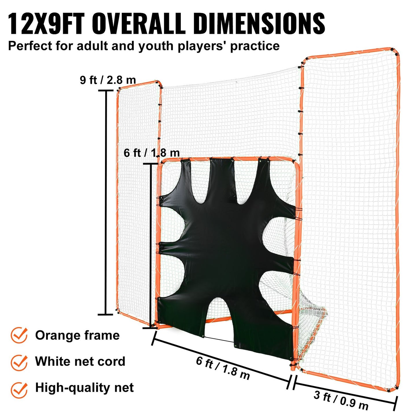 VEVOR 3-IN-1 Lacrosse Goal with Backstop and Target,3.7mx2.7m Lacrosse Net, Steel Frame Backyard Lacrosse Rebounder Equipment, Quick & Easy Setup Training Net, Perfect for Youth Adult Training, Orange