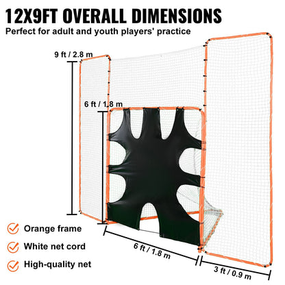 VEVOR 3-IN-1 Lacrosse Goal with Backstop and Target,3.7mx2.7m Lacrosse Net, Steel Frame Backyard Lacrosse Rebounder Equipment, Quick & Easy Setup Training Net, Perfect for Youth Adult Training, Orange