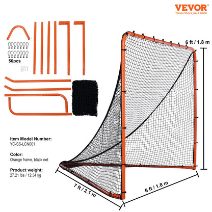 VEVOR Lacrosse Goal, 1.8mx1.8m Lacrosse Net, Folding Portable Backyard Lacrosse Training Equipment, Steel Frame Training Net, Quick & Easy Setup Lacrosse Goal, Perfect for Youth Adult Training, Orange