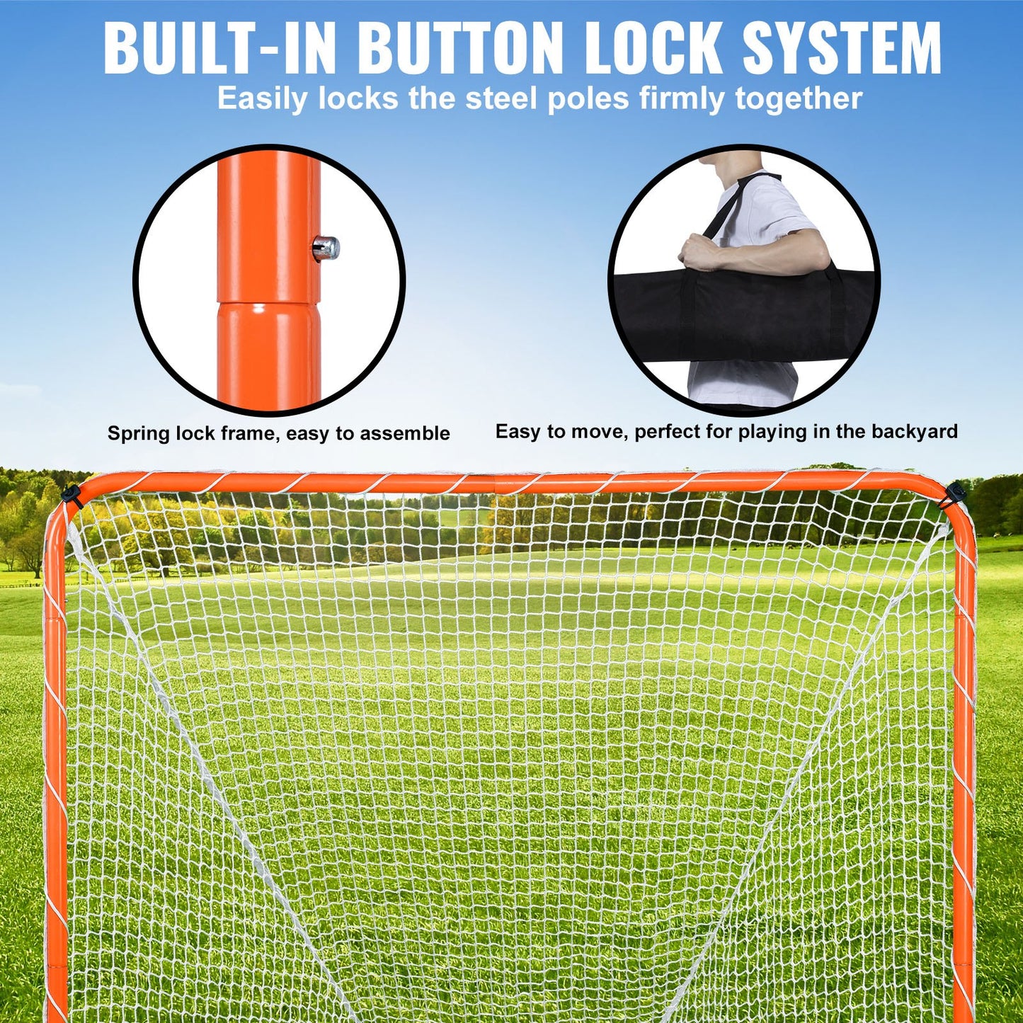 VEVOR Lacrosse Goal, 6' x 6' Lacrosse Net, Steel Frame Backyard Lacrosse Training Equipment, Portable Lacrosse Goal with Carry Bag, Quick & Easy Setup, Perfect for Youth Adult Training, Orange