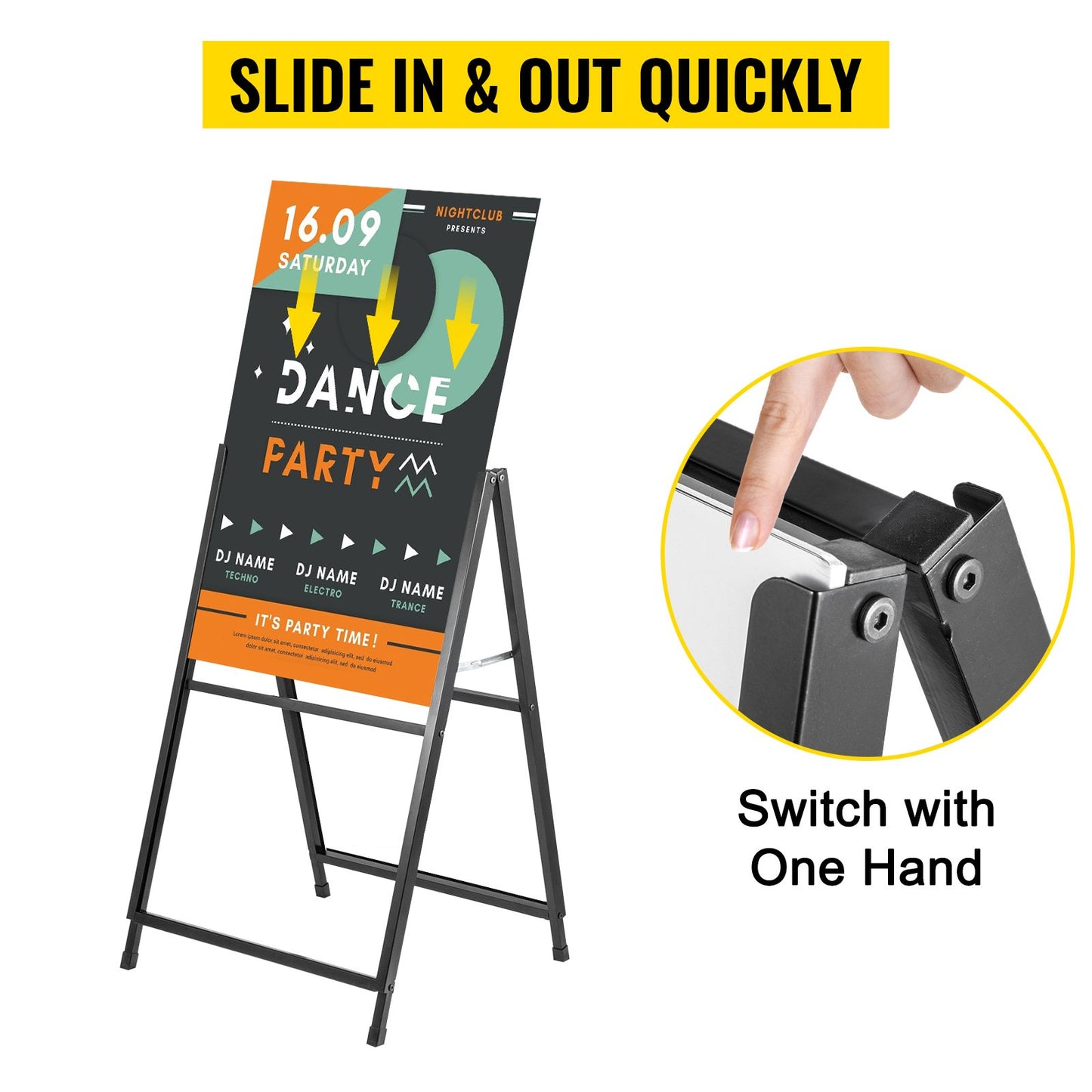 VEVOR A-Frame Sidewalk Sign 24"x36" Sidewalk Signs for Businesses Black Coated Steel Metal A-Frame Sign Slide-in Folding Sandwich Board Sidewalk Sign Double-Sided with 2 Corrugated Plastic Poster Boar