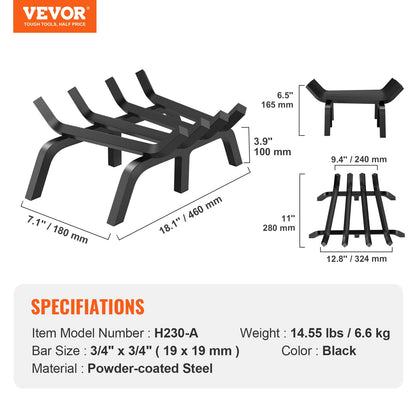 VEVOR Fireplace Log Grate, 18 inch Heavy Duty Fireplace Grate with 6 Support Legs, Solid Powder-coated Steel Bars, Log Firewood Burning Rack Holder for Indoor and Outdoor Fireplace