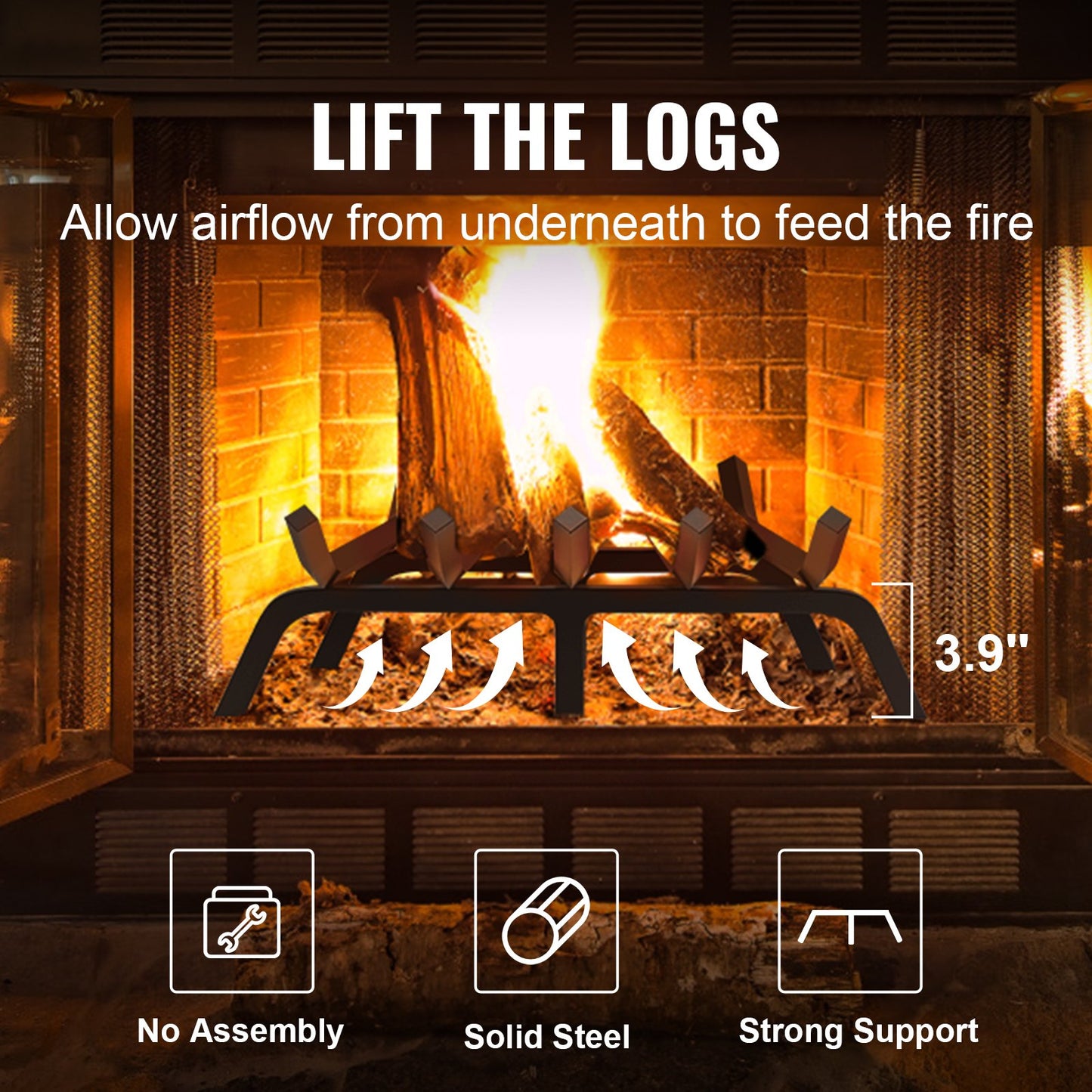 VEVOR Fireplace Log Grate, 533.4mm Heavy Duty Fireplace Grate with 6 Support Legs, 19.05mm Solid Powder-coated Steel Bars, Log Firewood Burning Rack Holder for Indoor and Outdoor Fireplace