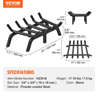 VEVOR Fireplace Log Grate, 533.4mm Heavy Duty Fireplace Grate with 6 Support Legs, 19.05mm Solid Powder-coated Steel Bars, Log Firewood Burning Rack Holder for Indoor and Outdoor Fireplace