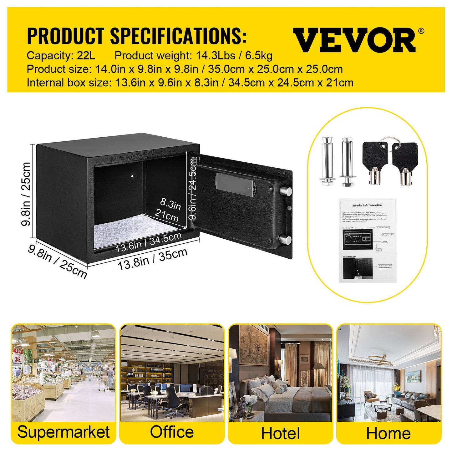 VEVOR Safe Box, 0.8 CU.FT Fingerprint Safe Box for Money w/ 2 Keys & Digital Keypad, Q235 Steel Safe Box for Storing Cash, Jewelry, Pistols, Documents, Watches in Home & Office & Hotel