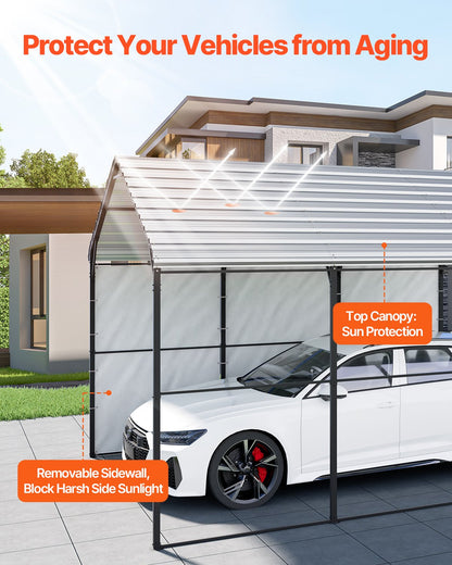 VEVOR Heavy Duty Metal Carport, 10' x 15' Outdoor Carport with Galvanized Steel Frame & Roof, Car Tent Garage Shade with Removable Sidewalls, Multi-Use Car Shelter for Pickup, Boat, Car & Tractors