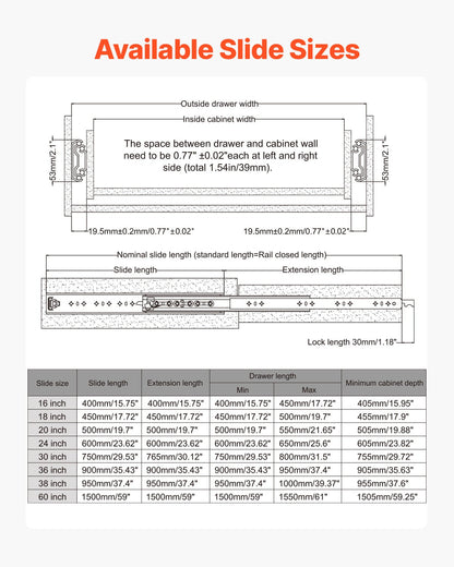 VEVOR 1 Pair 16-60 in Soft-Close Drawer Slides Ball Bearing Full Extension