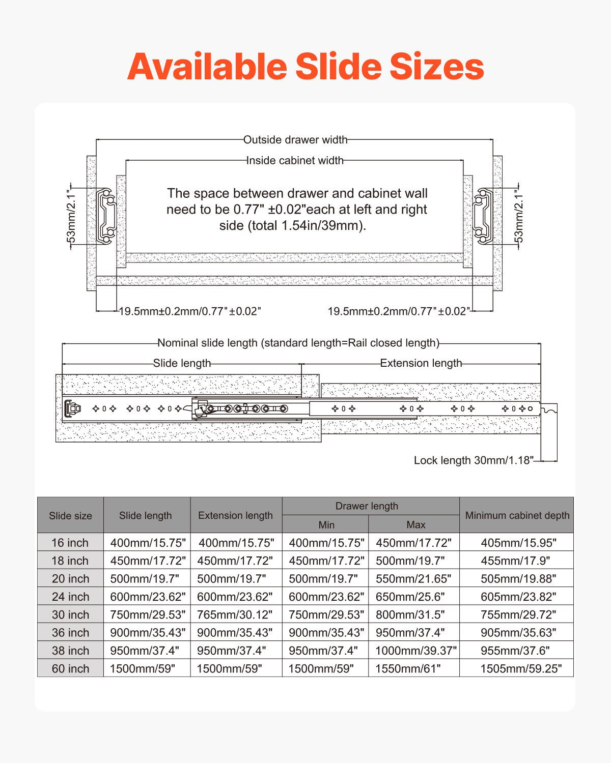 VEVOR 1 Pair 16-60 in Soft-Close Drawer Slides Ball Bearing Full Extension
