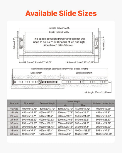 VEVOR 1 Pair 16-60 in Soft-Close Drawer Slides Ball Bearing Full Extension
