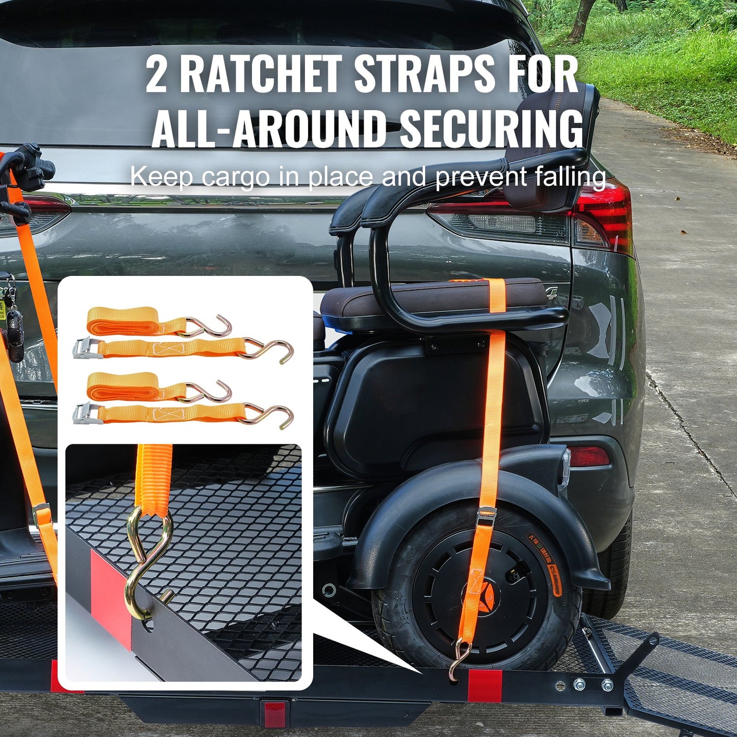 VEVOR Hitch Mount Wheelchair Carrier 45.3" x 25.6", 500LBS Mobility Scooter Carrier with Folding Ramp, Iron Trailer Hitch Rack Basket with Stabilizer, Straps, Fit 2" Hitch Receiver for SUV Van Car