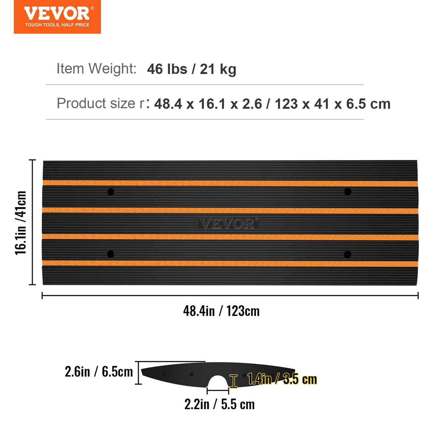 VEVOR Curb Ramp, 6.5 cm Rise Rubber Driveway Ramps, Heavy Duty 15 tons Weight Capacity Threshold Ramp, Curbside Bridge Ramps for Loading Dock Garage Sidewalk, Expandable Full Ramp Set