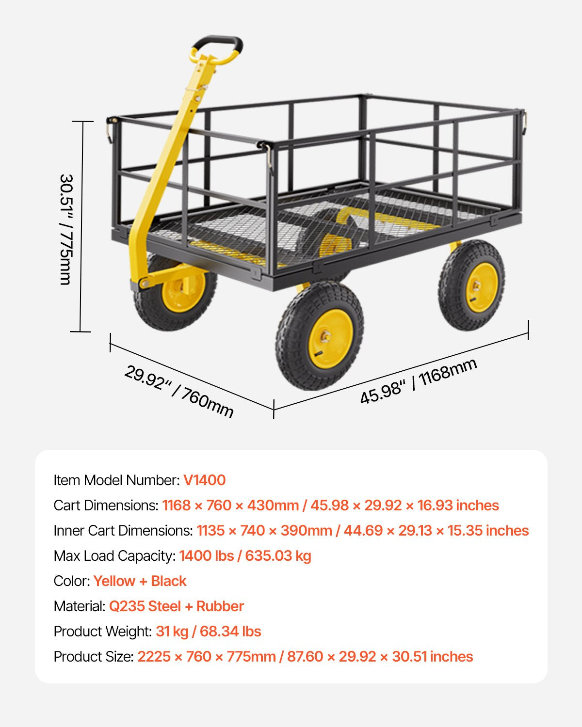 VEVOR 1400 Lbs Steel Garden Cart, Heavy Duty Pullable Garden Wagon Yard Cart, 2 in 1 Outdoor Metal Utility Wagon Yard Trailer with 13" All Terrain Tires, Mesh Removable Sides and 180°Rotating Handle