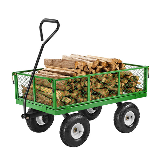 VEVOR 900 Lbs Steel Garden Cart on Wheels, Heavy Duty Pullable Garden Wagon Yard Cart, Outdoor Metal Utility Wagon with 10" Tires and Mesh Removable Sides(Convert to Flatbed), and 180°Rotating Handle