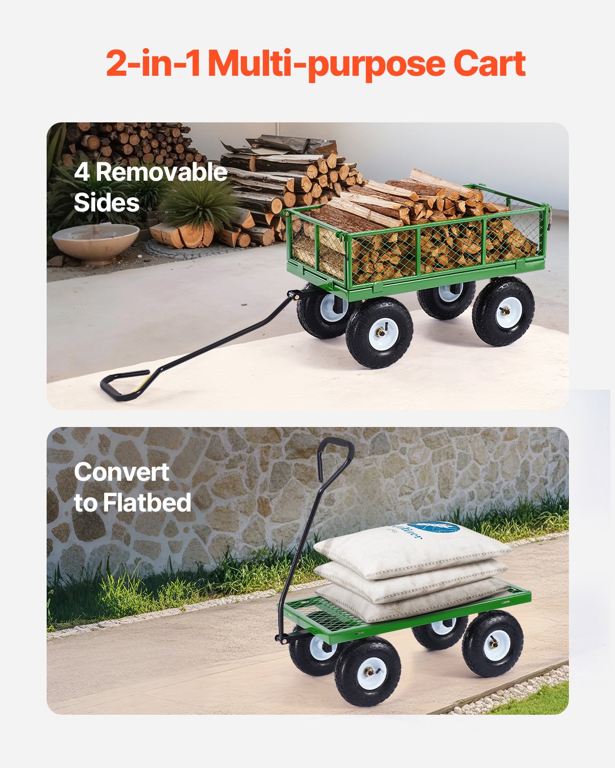VEVOR 900 Lbs Steel Garden Cart on Wheels, Heavy Duty Pullable Garden Wagon Yard Cart, Outdoor Metal Utility Wagon with 10" Tires and Mesh Removable Sides(Convert to Flatbed), and 180°Rotating Handle