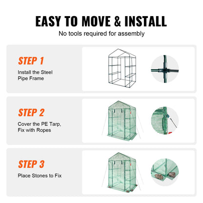 VEVOR Walk-in Green House, 4.6 x 2.4 x  6.7 ft  Greenhouse with Shelves, Set Up in Minutes, High Strength PE Cover with Doors & Windows and Steel Frame, Suitable for Planting and Storage, Green