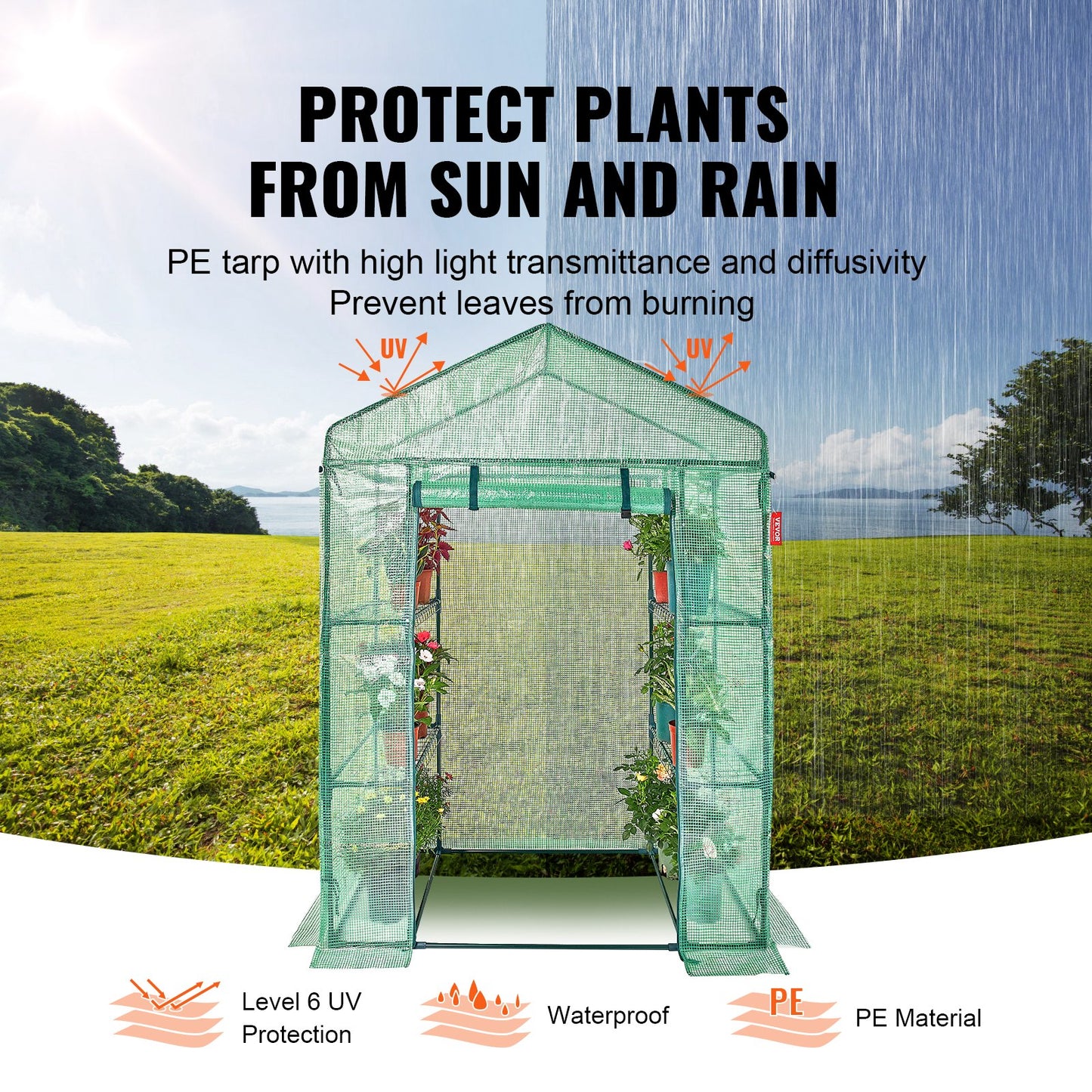 VEVOR Walk-in Green House, 4.6 x 2.4 x  6.7 ft  Greenhouse with Shelves, Set Up in Minutes, High Strength PE Cover with Doors & Windows and Steel Frame, Suitable for Planting and Storage, Green