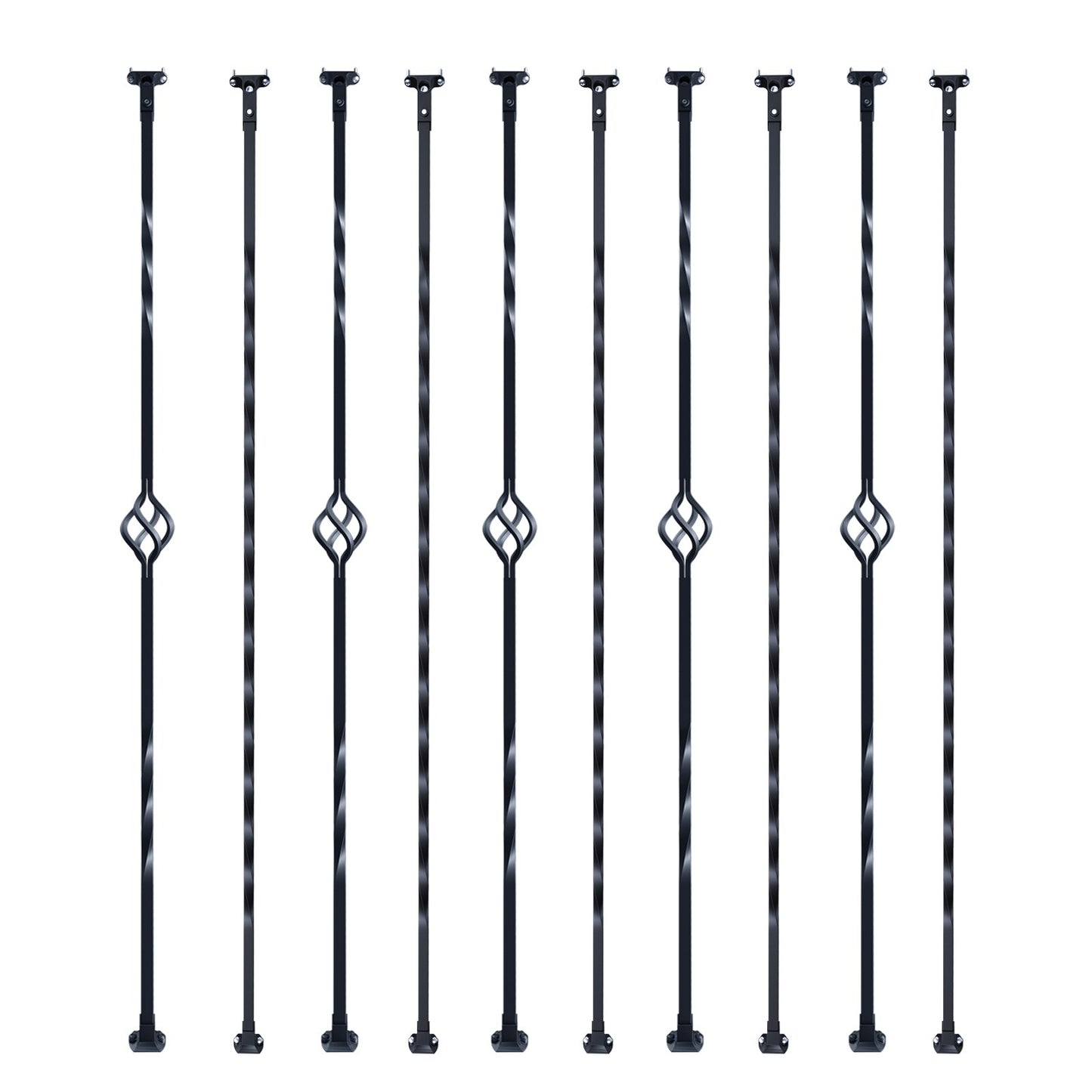 VEVOR Staircase Metal Balusters, 44'' x 1/2" Galvanized Steel Decorative Banister Spindles, 10 Pack Deck Baluster with Hollow Single Baskets, Twists, Spiral Stair Railing w/ Shoes & Screws